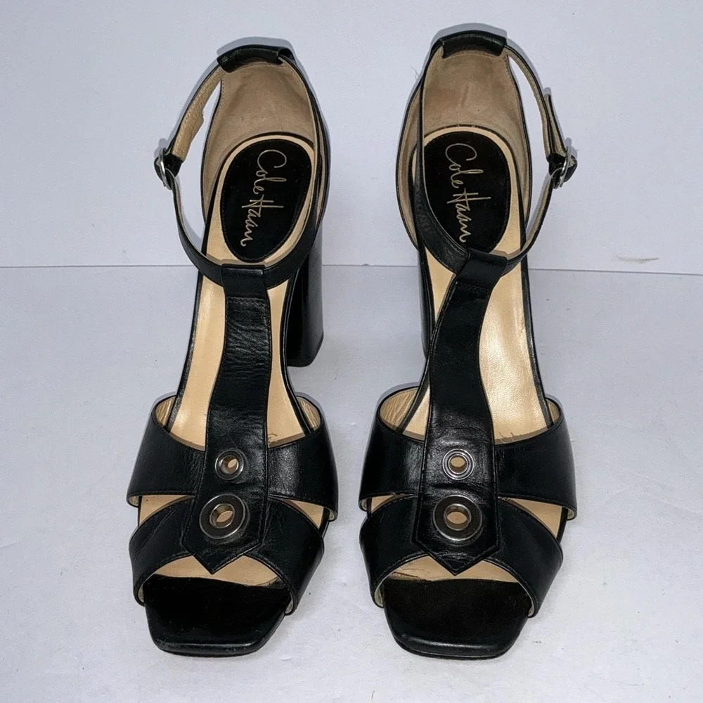 Cole‎ Haan NikeAir Black Leather T-Strap Sandals Size 8.5B Chunky Heel Peep Toe